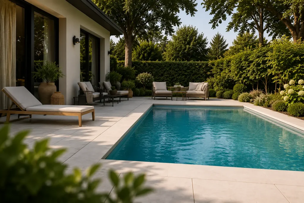 Moderne Gartendekoration mit Poolbereich und stilvoller Außenanlage in Neusäß bei Augsburg